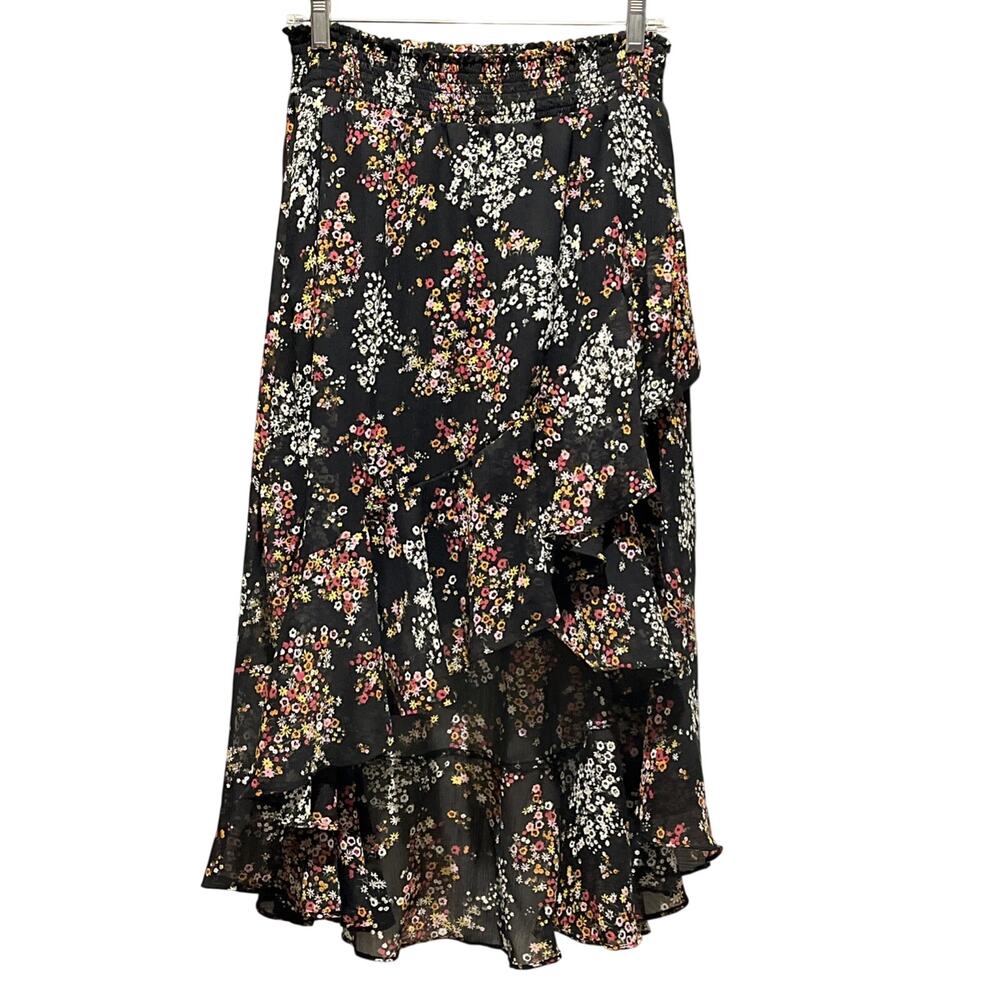Cece Women's Black Floral Chiffon Maxi Skirt Size Medium High Low